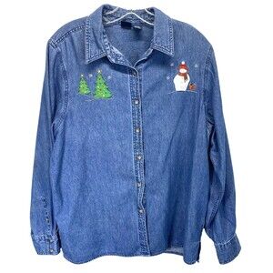 Basic Editions X-Mas Holiday Women Large Denim Shirt Embroidered Snowman Trees